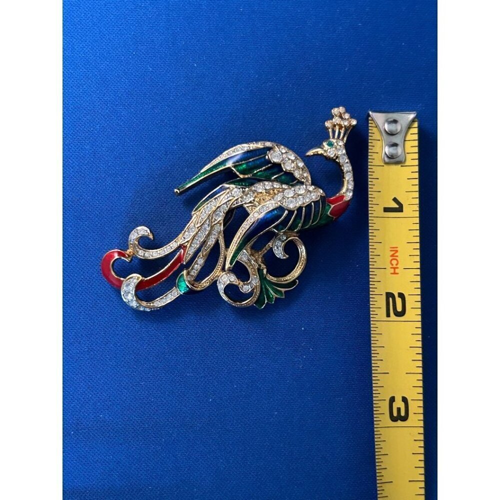 Attwood & Sawyer Peacock Swarovski 22K Gold Plated Enamel Vintage Brooch In Box - Picture 10 of 12